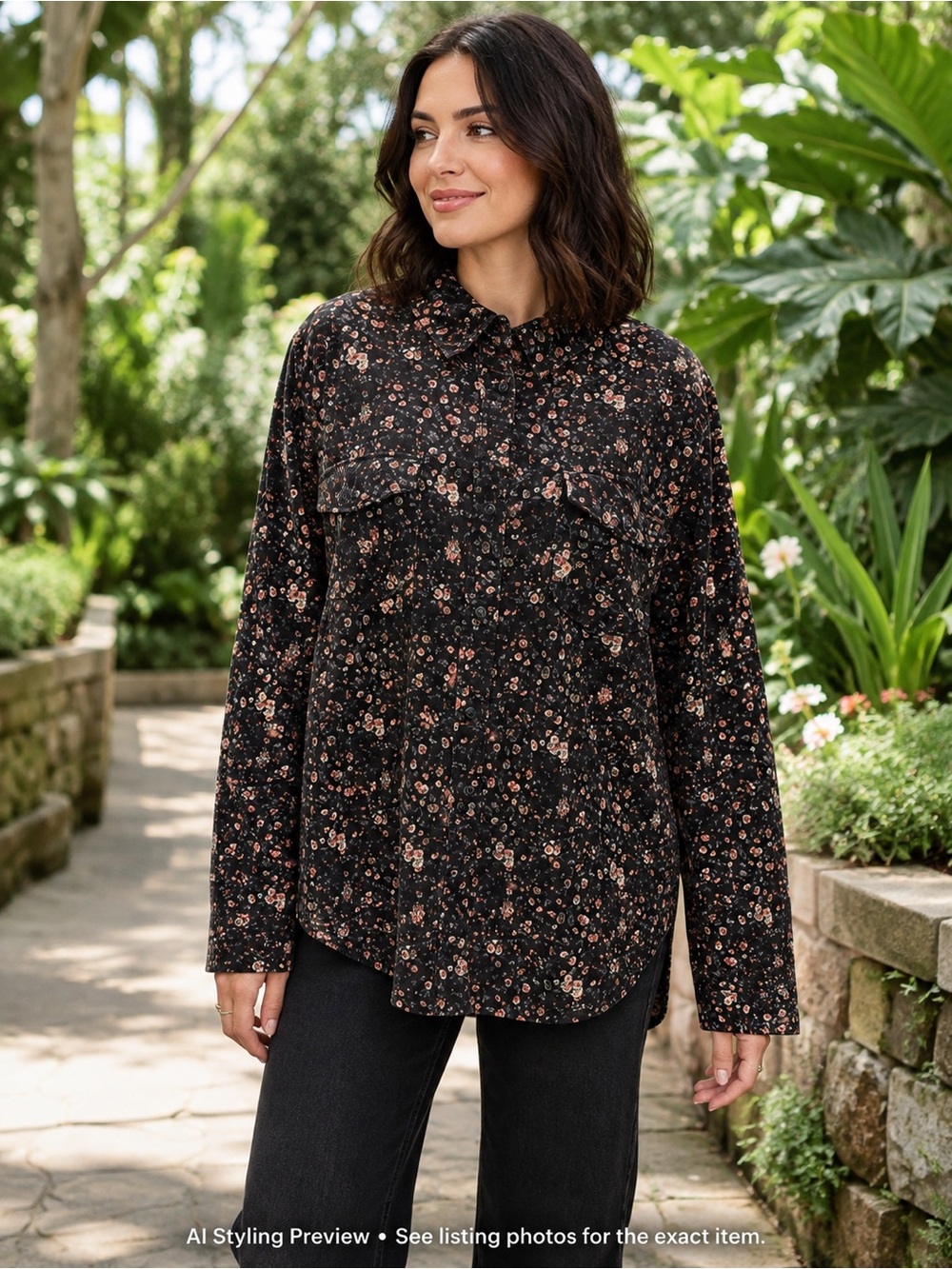 Sanctuary Women’s L Black Floral Corduroy Shacket Snap Utility Jacket